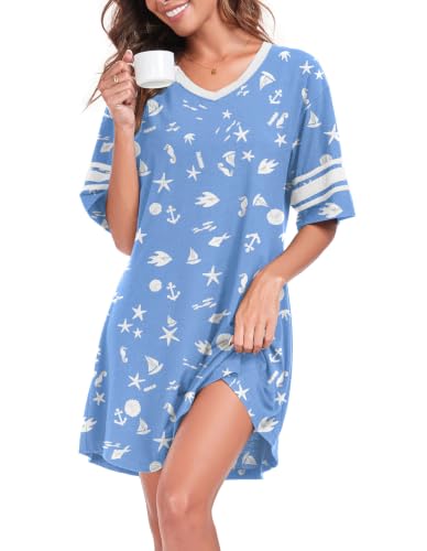 REGAI Women's Nightgowns Short Sleeve Soft Sleepshirt - color: Blue Sea, size: Small