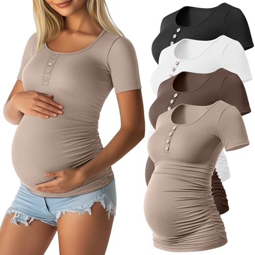 4 Pack Womens Short Sleeve Maternity Shirts - color: Khaki, Coffee, Light Heather Gray, Black, size: Medium