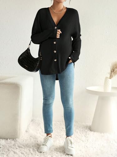 COZYEASE Women's Maternity Button Down Shirt Casual Cardigan Fall Sweaters - color: Dark Black, size: Medium
