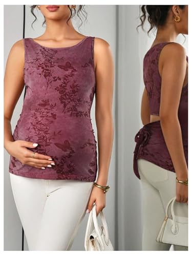 RoseSeek Women's Maternity Tank Tops Botanical Print Tie Back Tops Crew Neck Elegant Slim Fit Top - size: Small