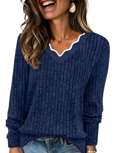 WIHOLL Long Sleeve Womens Shirts Lightweight Fall Tunic Top V Neck Sweaters - color: 02-blue, size: Medium