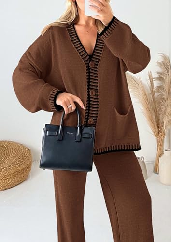 PRETTYGARDEN Women's Fall 2 Piece Knit Sweater Lounge Set - color: Coffee, size: Large