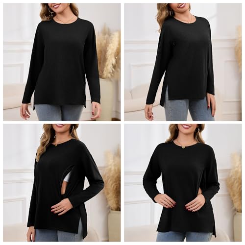 Women's Nursing Shirts Long Sleeve with Hidden Zipper Oversized Breastfeeding Tops Side Split Maternity Blouse - color: Black, size: Large
