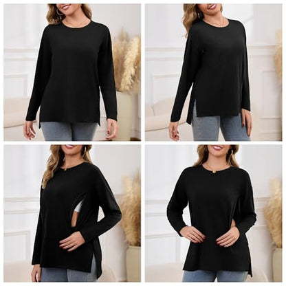 Women's Nursing Shirts Long Sleeve with Hidden Zipper Oversized Breastfeeding Tops Side Split Maternity Blouse - color: Black, size: Large