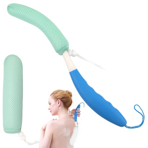 Back Scrubber for Shower,15.35"Curved Body Brush with Anti Slip Long Handle - size: Blue+Green Handle (Medium)