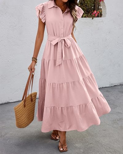 dowerme Women Ruffle Sleeve Button Belted Boho Maxi Dress - color: Pink, size: Small