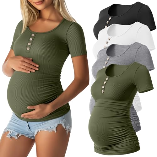 4 Pack Maternity Shirts for Women - color: Army Green, White, Light Heather Gray, Black, size: Small