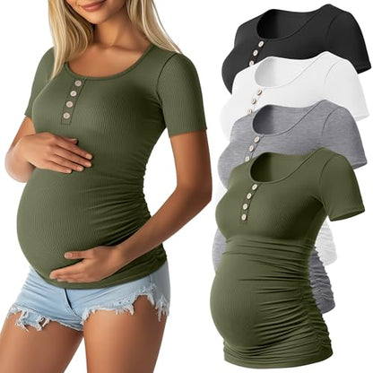 4 Pack Maternity Shirts for Women - color: Army Green, White, Light Heather Gray, Black, size: Medium