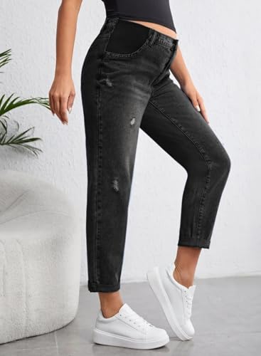 BLENCOT Maternity Jeans High Rise Stretchy Waistband Straight Leg - color: Black, size: Small