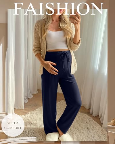 3 Pack Maternity Wide Leg Pants Pregnancy Pants - color: Cement Gray, Navy Blue, Black, size: Medium