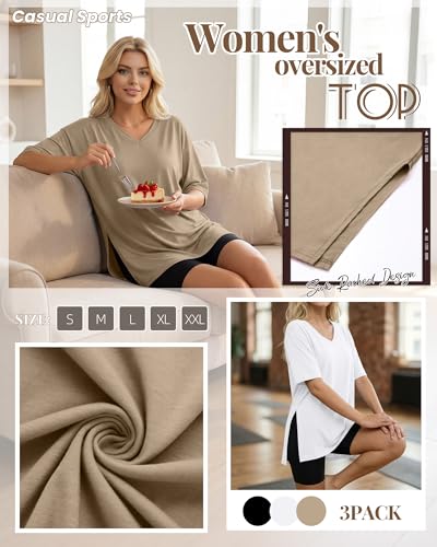 Huukeay 3 Pack Oversized Shirts for Women V Neck - color: Black, White, Khaki, size: X-Large