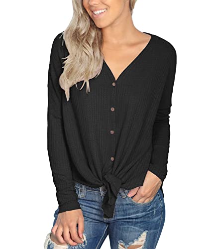 IWOLLENCE Womens Button Down Henley Long Sleeve Blouse - color: Black, size: XX-Large