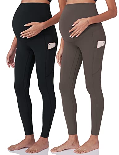 POSHDIVAH Maternity Workout Leggings Pregnancy Yoga Pants Pockets - color: Black Brown, size: Medium