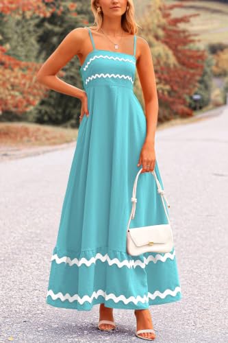 PRETTYGARDEN Women's Summer Spaghetti Strap Boho Maxi Dress - color: Aqua Green, size: Medium