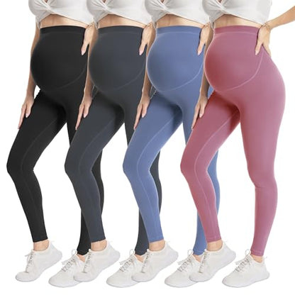 Over‑Belly Maternity Leggings, Soft Stretch Yoga Pants - color: 4 Packs-black/Dark Grey/Blue/Dark Pink, size: Large