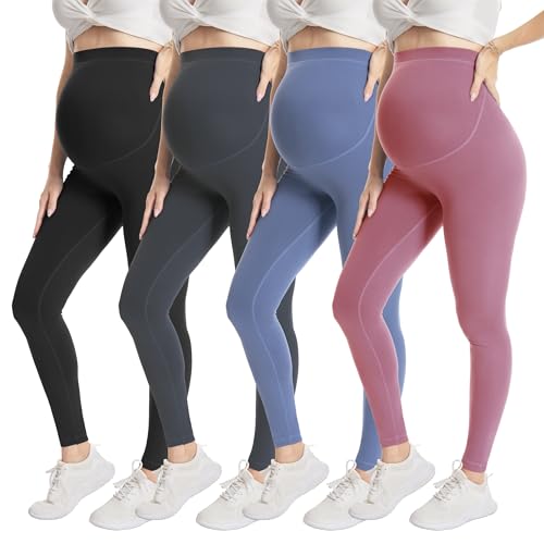 Over‑Belly Maternity Leggings, Soft Stretch Yoga Pants - color: 4 Packs-black/Dark Grey/Blue/Dark Pink, size: Small