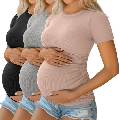 Ficerd 3 Pack Women's Short Sleeve Maternity Shirts - color: Black, Light Heather Gray, Dirty Pink, size: Medium