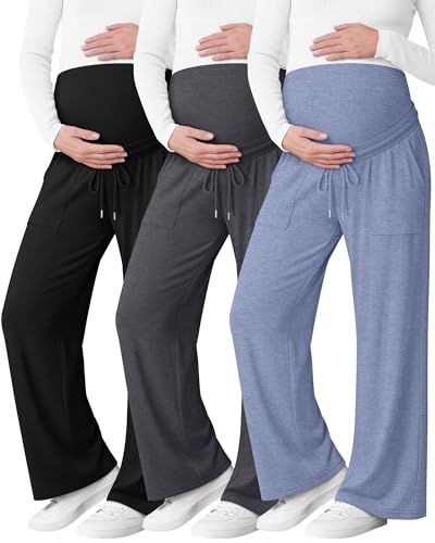 3 Pack Women's Maternity Casual Pants - color: Blue Purple, Dark Gray, Black, size: Medium