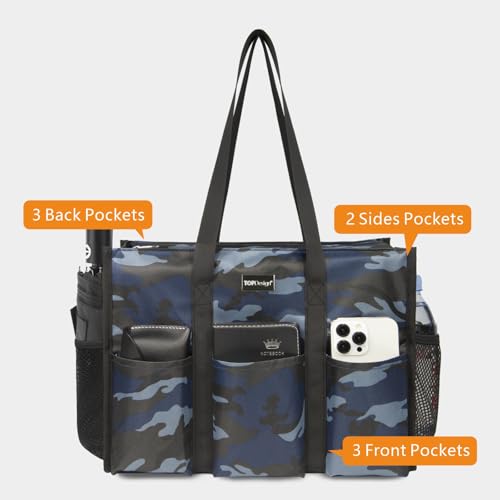 TOPDesign Utility Water Resistant Tote Bag with 13 Pockets, Zipper Closure - color: Blue Camouflage, size: Medium