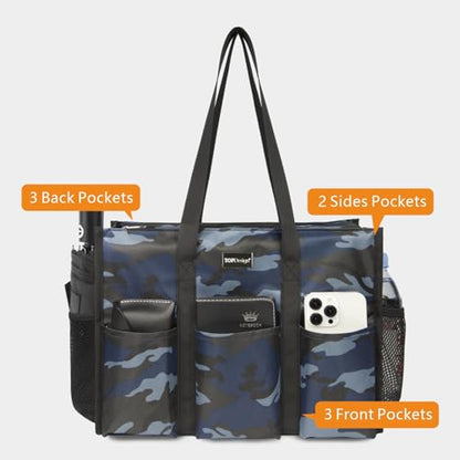 TOPDesign Utility Water Resistant Tote Bag with 13 Pockets, Zipper Closure - color: Blue Camouflage, size: Medium