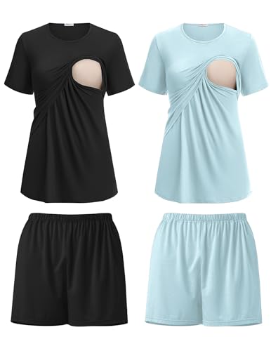 Ekouaer 2 Pack Nursing Pajamas Set Postpartum Outfits for Women - color: Black/Light Blue, size: Small