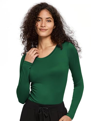 COZYFIT Underscrub Long Sleeve Women, Scrubs Undershirts, Crew Neck - color: Hunter Green, size: Medium