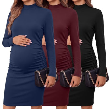 3 Pack Women's Maternity Dresses Long Sleeve Dresses - color: Black, Wine Red, Navy Blue, size: Medium