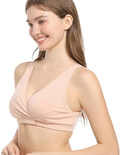 CAKYE 3 Pack Cotton Maternity Nursing Bras Breastfeeding Sleep Bralette - color: A-black+nude+burgundy/3pcs, size: Medium