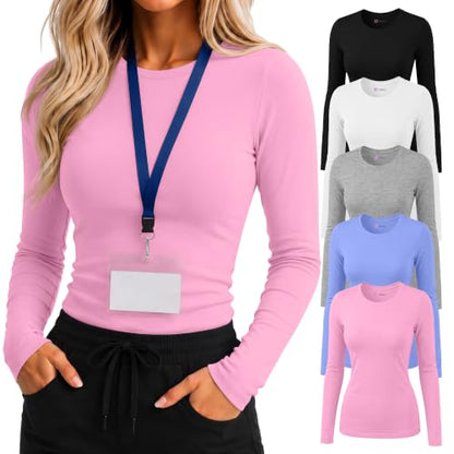 Oakgarden 5 Pcs Womens Long Sleeve Underscrub Shirt Crew Neck - color: Black, White, Light Mixed Gray, Periwinkle, Pink, size: Small