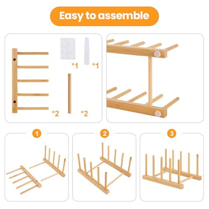 2 PCS Bamboo Wooden Dish Rack-Plate Pot Lid Holder Rack for Cabinet - color: Bamboo 4 Slots 2pcs