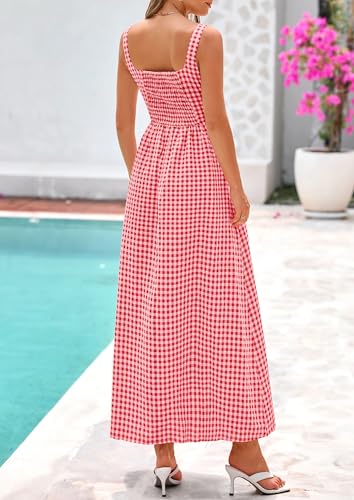 PRETTYGARDEN Women's Summer Gingham Maxi Long Dress - color: Brilliant Red, size: Large