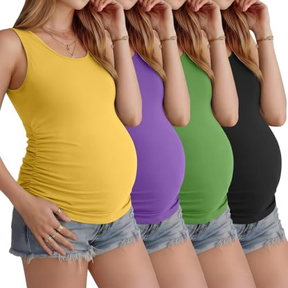Ficerd 4 Pcs Womens Maternity Sleeveless Tank Tops - color: Black, Grass Green, Eggplant Purple, Light Yellow, size: X-Large