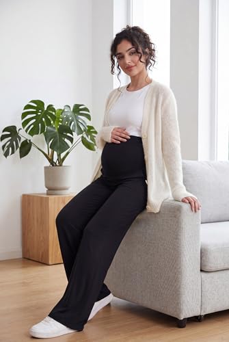 Maternity Pants Wide Leg Stretchy Pregnancy Trousers - color: 2 Pack Black/Black, size: Small