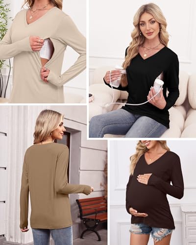 4 Pack Women's Long Sleeve Nursing Maternity Shirts - color: Black, Brown, Khaki, Apricot, size: Medium