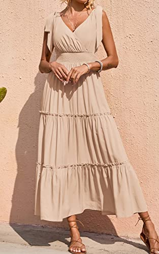 PRETTYGARDEN Women's Cross Neck Summer Sleeveless Tiered Maxi Dress Beach Tie Strap Smocked Long Dresses Pleated Sundress - color: Apricot, size: Large