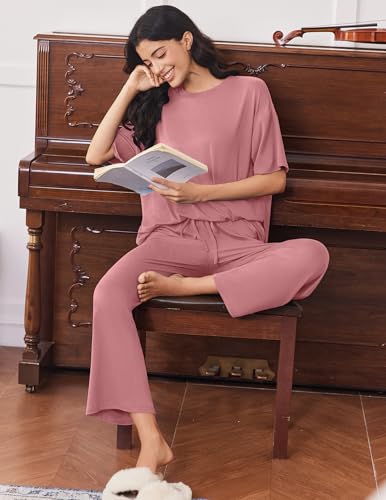 Ekouaer Lounge Sets for Women Soft Comfy Pajama Set 2 Piece Outfits - color: Old Rose, size: Medium