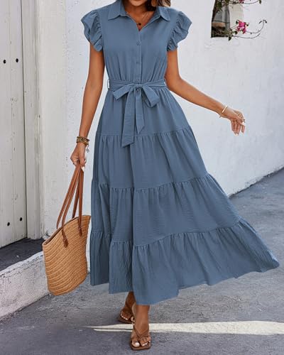 dowerme Women Ruffle Sleeve Button Belted Boho Maxi Dress - color: Grey Blue, size: Medium