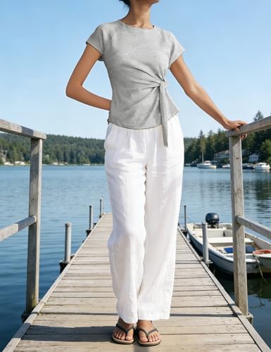 Women Side Tie Waist Tops Slim Fit Cropped Wrap Workout T-Shirt - color: Lightgrey, size: Large