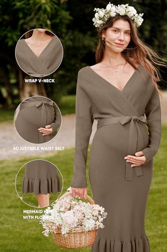 OUGES 2025 Maternity Sweater Nursing Dress for Photoshoot Baby Shower Wedding Guest Outfits Fishtail Ribbed Knit Clothes - color: Smoky Grey, size: Medium