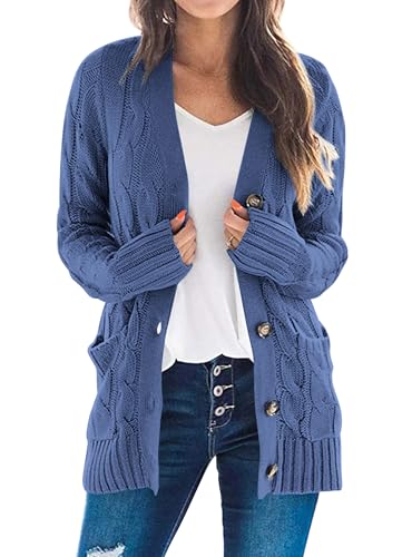 PRETTYGARDEN Women's Cable Knit Cardigan Sweaters Fall - color: Blue Grey, size: X-Large