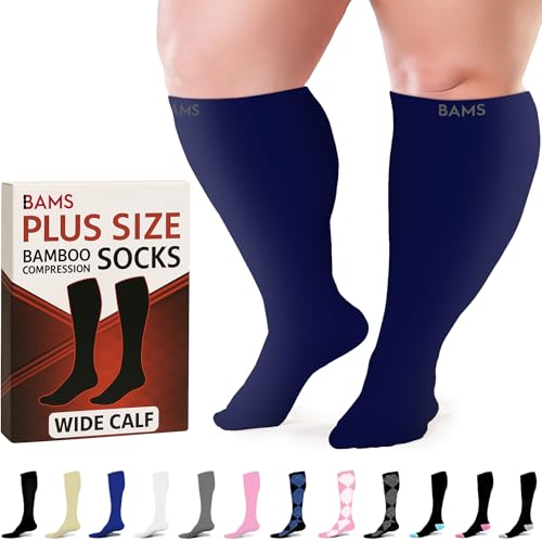 BAMS Plus Size Compression Socks Wide Calf XL XXL XXXL – Graduated Knee-High Support, Viscose from Bamboo Easy-On/Easy-Off - color: Navy, size: 3X-Large
