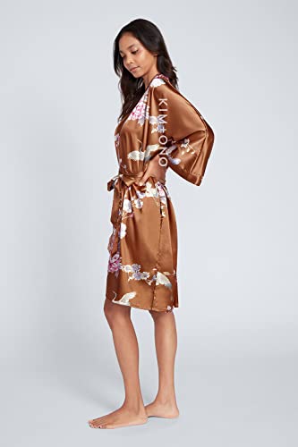 KIM+ONO Satin Short Kimono Robe for Women - color: Chrysanthemum & Crane - Rust