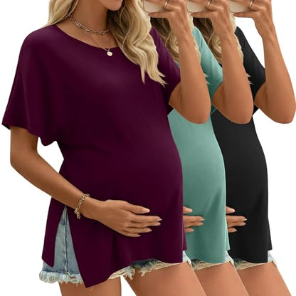 Riyiper 3 Pack Women's Maternity Tunic Cotton Shirts - color: Burgundy, Gray Green, Black, size: Small