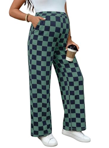 BLENCOT Womens Casual Checkered Pants for Maternity Elastic Waist Wide Leg Pants Grid Pregnant Trousers with Pockets - color: Black Green, size: Large