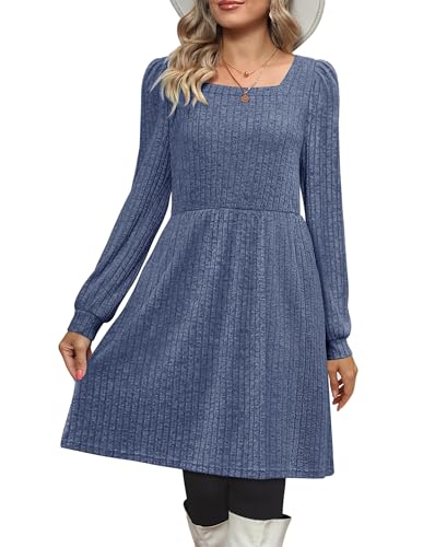 CzzzyL Womens Nursing Fall Dresses Square Neck Knit Sweater with Pockets - color: Blue, size: Large