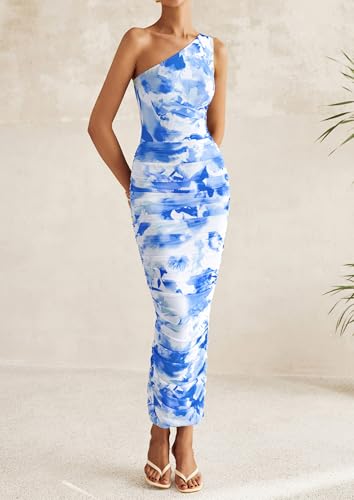 PRETTYGARDEN One Shoulder Maxi Dress Ruched Printed - color: Blue, size: XX-Large