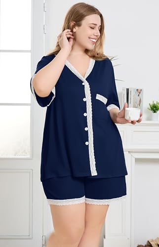 Plus Size Women Pajama Sets Button Down Lace Trim 2pcs Nightwear - color: Navy, size: 5X-Large