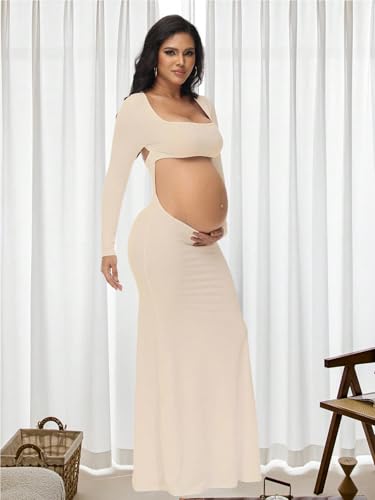 Women's Maternity Elegant Fitted Maxi Dress for Photoshoot - color: Beige, size: Medium