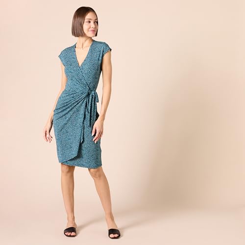 Amazon Essentials Women's Classic Cap Sleeve Wrap Dress with V Neck, Pleated Waist (Available in Plus Size) - color: Blue, Dots, size: Small