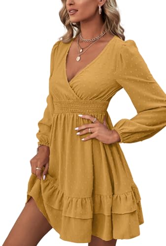 Rooscier Women's Wrap V Neck Swing Ruffle Swiss Dots Long Sleeve Mini Dress - color: Lemon Yellow, size: Small